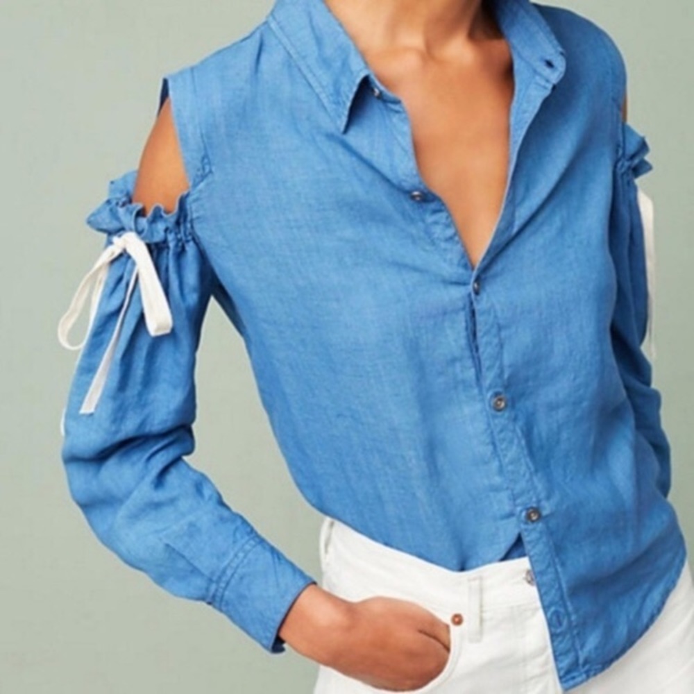 Rails Blue Cold Shoulder Romy Blouse Chambray Linen Blend Top Women’s Sz Medium